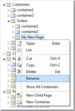 My New Page with Rename context menu option.