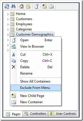 Using the 'Exclude from Menu' context menu option for 'Customer Demographics' page.