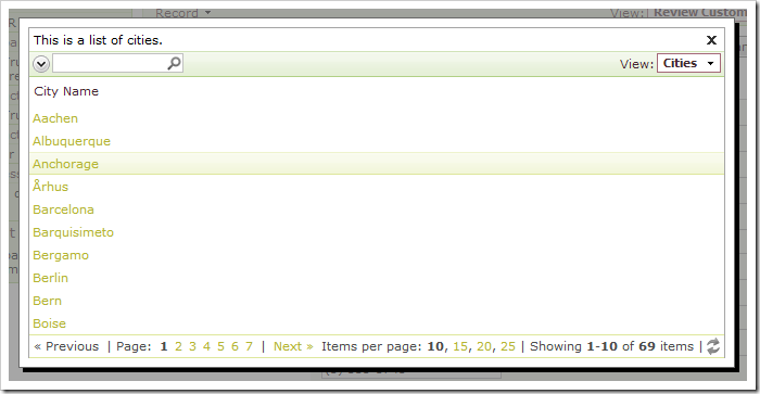 Clicking on the City lookup link will activate a modal window displaying a list of cities.