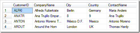 SQL Server Management Studio query confirms that the names were inserted into the City and Country fields.