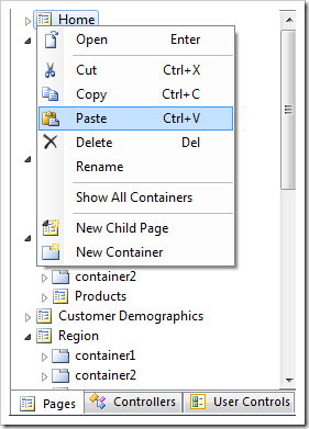 Paste context menu option on the Home page.