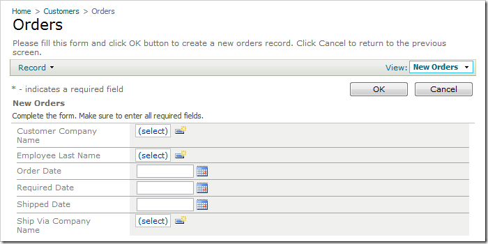 New Orders form without any default values.