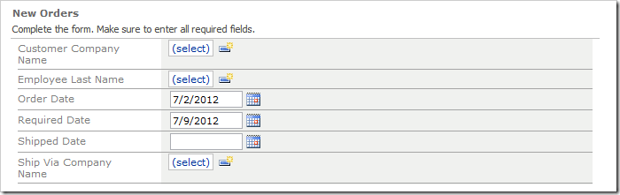 New Orders form with default values for Order Date and Required Date fields.
