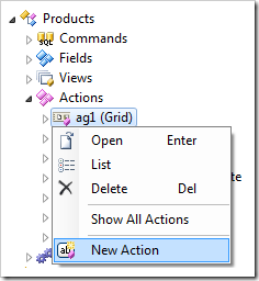 New Action context menu option in the Project Explorer.