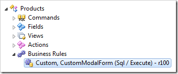 SQL business rule processing custom action for Products controller in Code On Time Project Explorer.