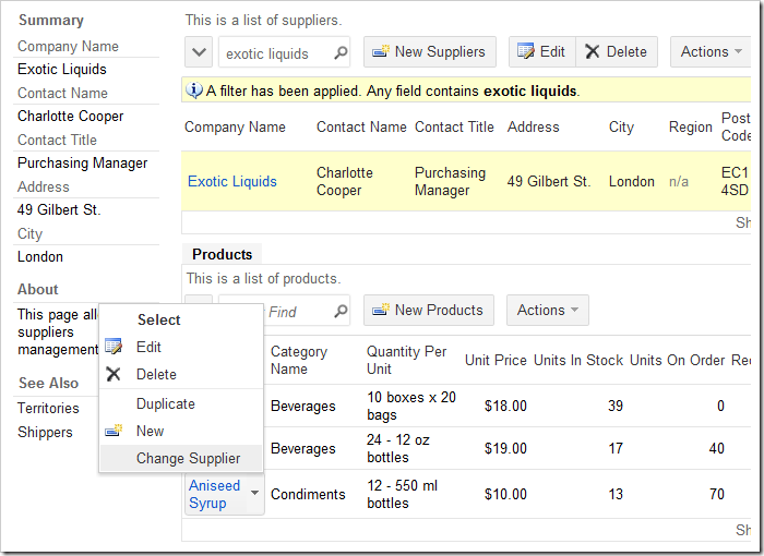 Change Supplier context menu action in the list of products.