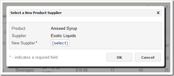 Custom modal form allowing user to select a new product supplier.