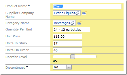 The custom slider input element attached to 'ReorderLevel' data field in a Code On Time web application