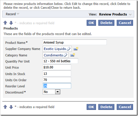 The standard input elements such lookup, dropdown, and text are rendered in the Products form view.