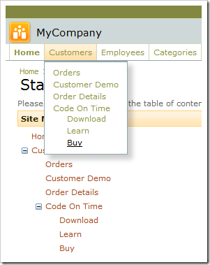 Code On Time and child pages displayed in the advanced two level menu.