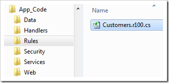 The code file with the implementation stub is automatically generated for each 'Code' Business Rule in the programming language of the project