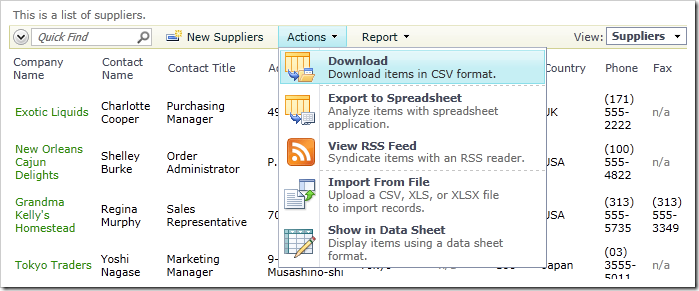Download action in the suppliers grid view.