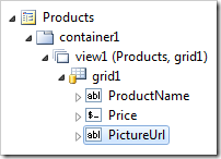 PictureUrl data field of grid1 on the Products page.