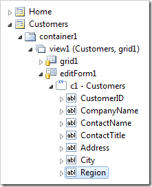 Region data field in editForm1 of Customers controller.