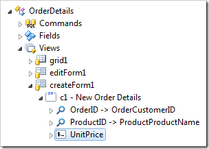 UnitPrice data field in createForm1 of OrderDetails controller in the Project Explorer.