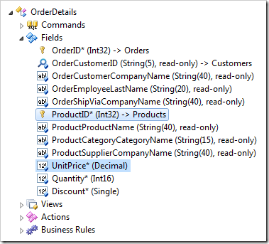 A data controller field selected in Project Explorer of Code On Time web application generator