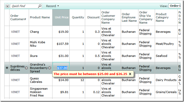 Price validation by a JavaScript business rule in a data sheet view
