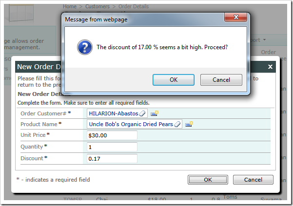 A confirmation is displayed when a user tries to Insert or Update a record with a discount higher than 15%