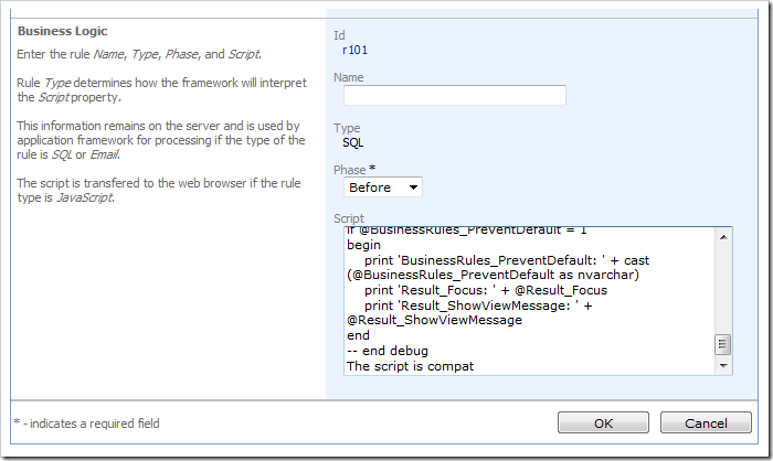 Script text box allows direct editing of a business rule.