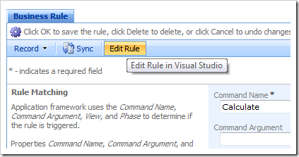 Edit Rule action on the action bar will open the business rule in Visual Studio.
