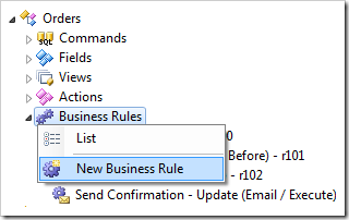 New Business Rule context menu option in the Project Explorer
