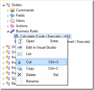 Cut context menu option on a business rule node.