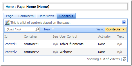 List of controls that belong to the Home page in the Project Browser.