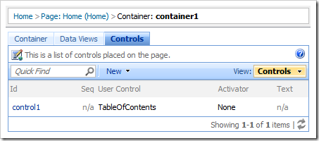 List of controls that belong to container1 on the Home page.