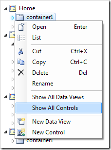 Show All Controls context menu option on container1 in the Project Explorer.