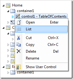 List context menu option on control1 on the Home page.