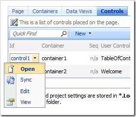 Open context menu option in the list of controls.