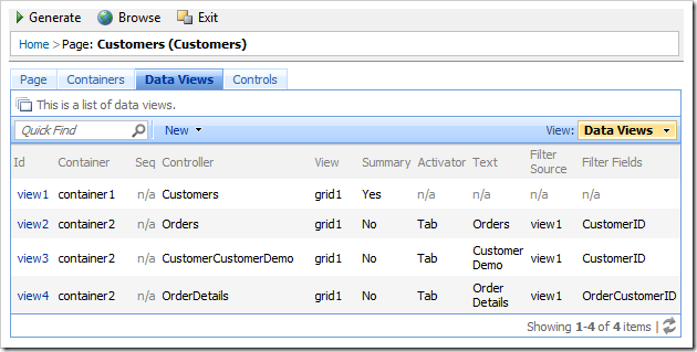 Data Views tab for Customers page in the Project Browser.