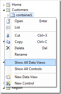 Show All Data Views context menu option in the Project Explorer.