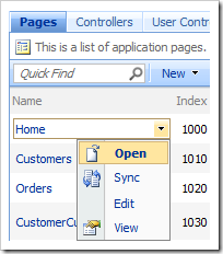 'Open' context menu option on a page in the Pages grid view.