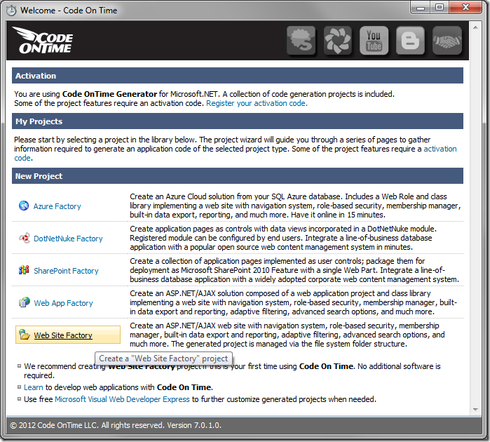 Creating a Web Site Factory project on the Start Page of Code On Time web application generator.