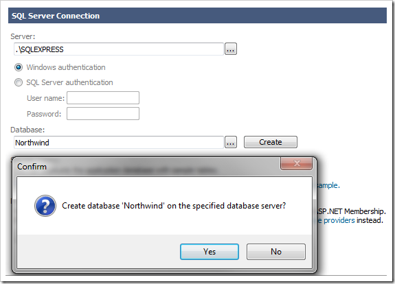 Creating a new database on the specified server on the Connection String Configuration page.