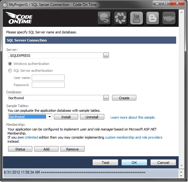 Configuration of the database connection string has been finished in a Code On Time web application.