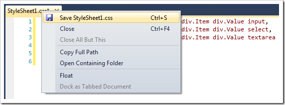 Save the new style sheet file in Visual Studio.