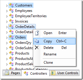 Copy context menu option for three selected controllers in the Project Explorer.
