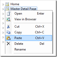 Paste context menu option for a page node in the Project Explorer.