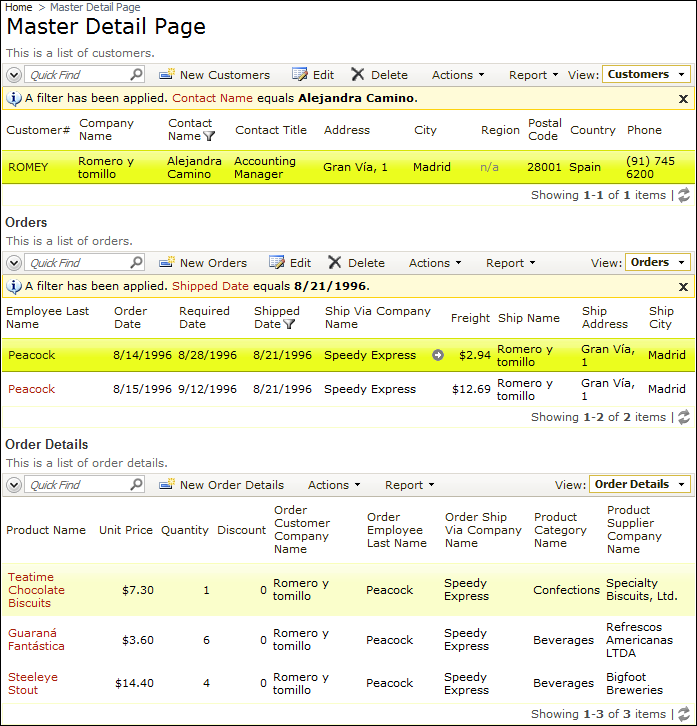 Master Detail Page configured with a three-level master-detail relationship. 