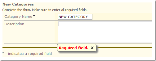 Error message displayed if the Description field is blank due to the validation rule.