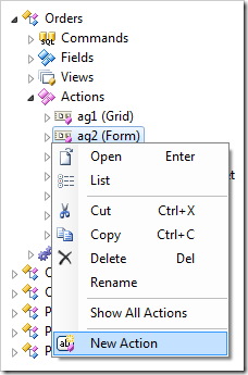 New Action context menu option for action group in the Project Explorer.