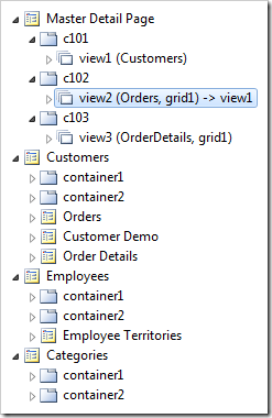 Data view 'view2' is now configured with a master-detail relationship with 'view1'. Records will be filtered according to the selected record in 'view1'.