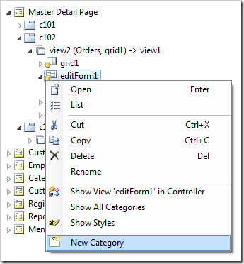 New Category context menu option for the view 'editForm1'.
