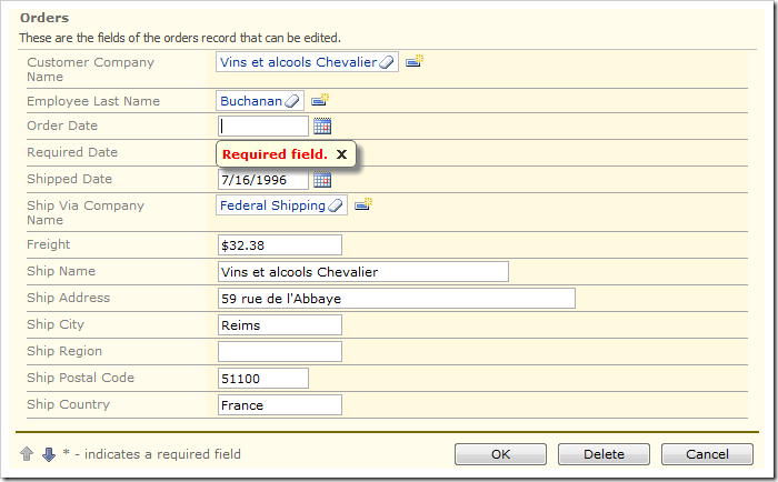 Order Date field validated and message has appeared declaring that the field is required.