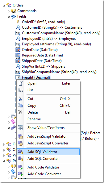 Add SQL Validator context menu option for a field in Orders controller.