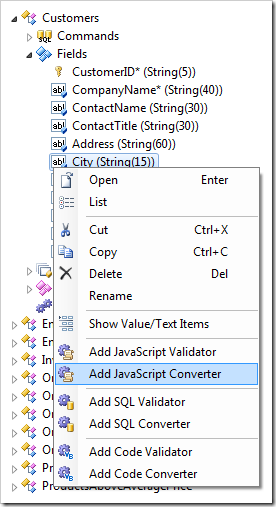Add JavaScript Converter context menu option for City field in Customers controller.