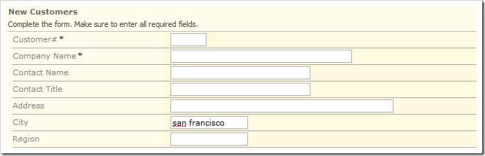 Lowercase text entered into City field.