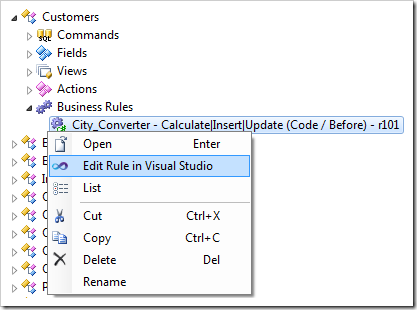 Edit Rule in Visual Studio context menu option for a business rule in Code On Time web application generator.